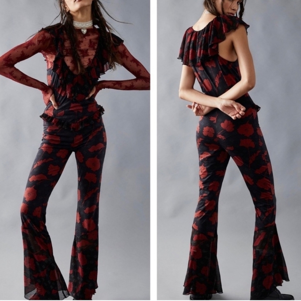 Free People Austyn One Piece Floral Flare Wide Leg Ruffle Jumpsuit Sleeveless XL